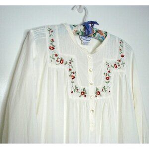 April Cornell White Cotton Long Nightdress Gown Nighty Size M Embroidered Floral